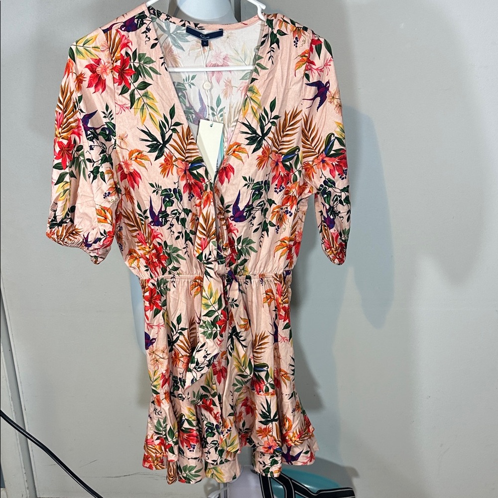 Small SHORE Floral Faux Wrap Dress Ruffle Hem peach tropical bird NEW